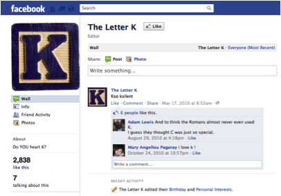 Facebook page for the letter K