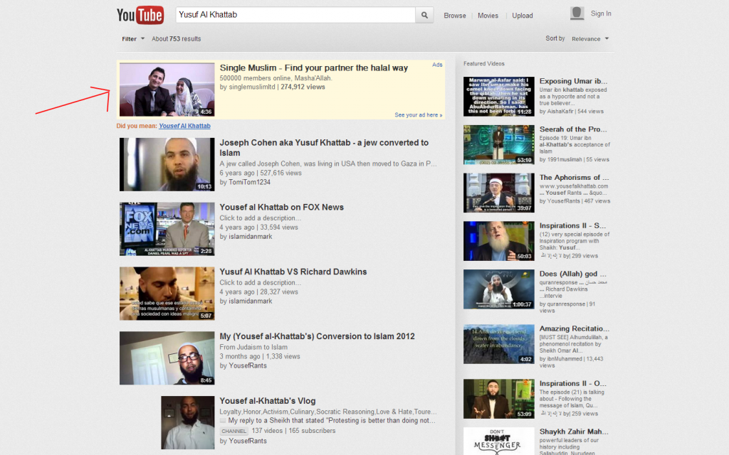 YouTube search for Al Khattab shows Muslim singles ad