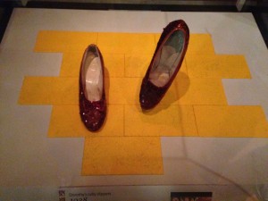 red ruby slippers worn by Judy Garland in "The Wizard of Oz"