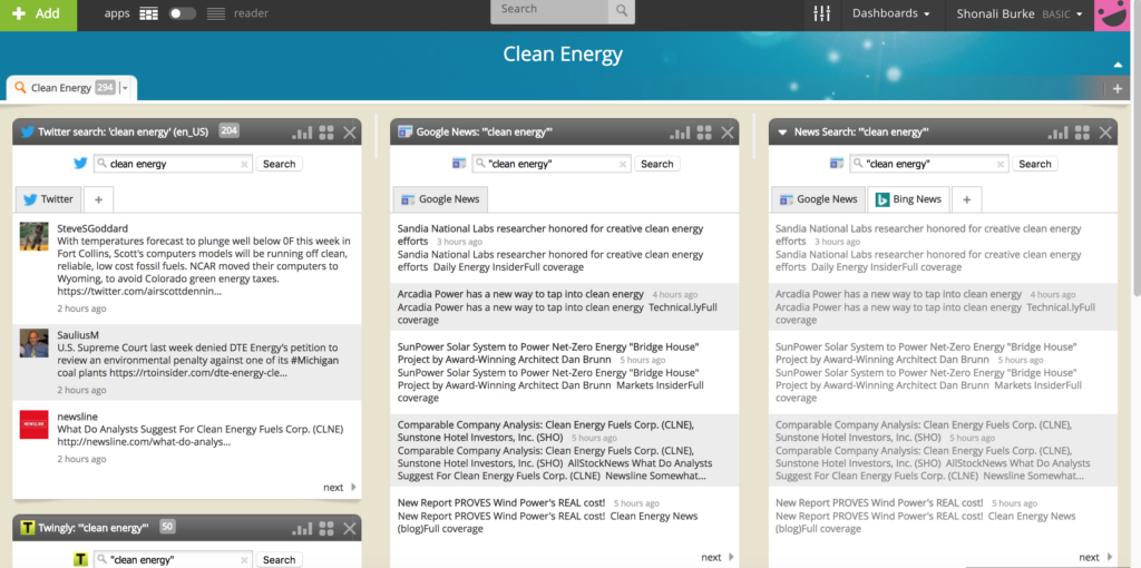 Netvibes clean energy social listening dashboard